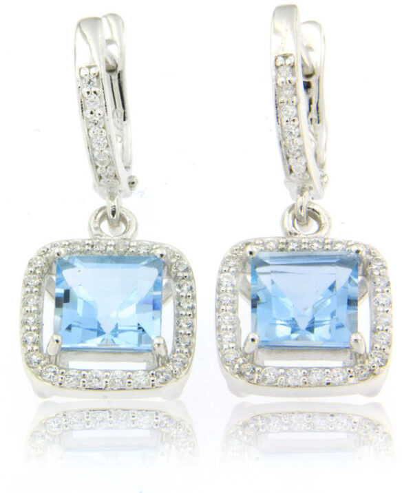 A beautiful pair of Blue Topaz 8mm earrings with CZ accents made in sterling 925 silver.