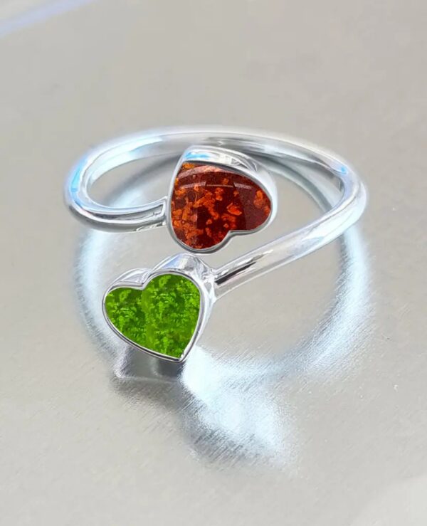 Double heart green and amber ashes ring