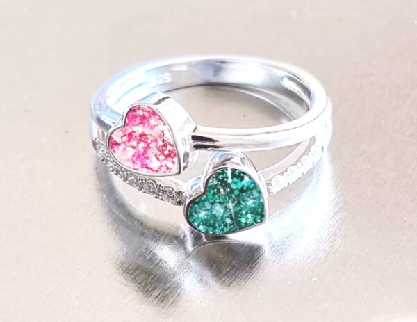 Double heart CZ ring pink and green ashes