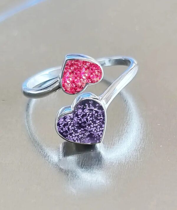 Double heart pink and purple ashes ring